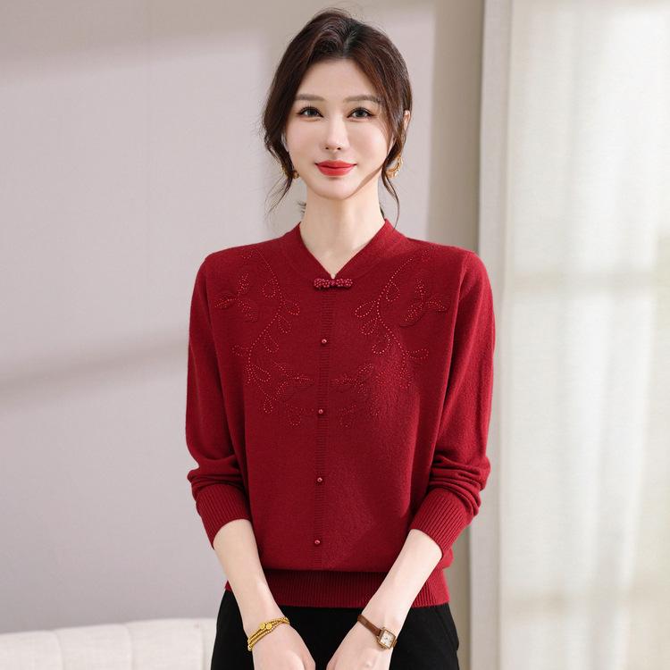Middle-aged and Elderly Women's Spring and Autumn Temperament Sweater New Mother Autumn National Wind Sweater Fashion Bottoming Shirt