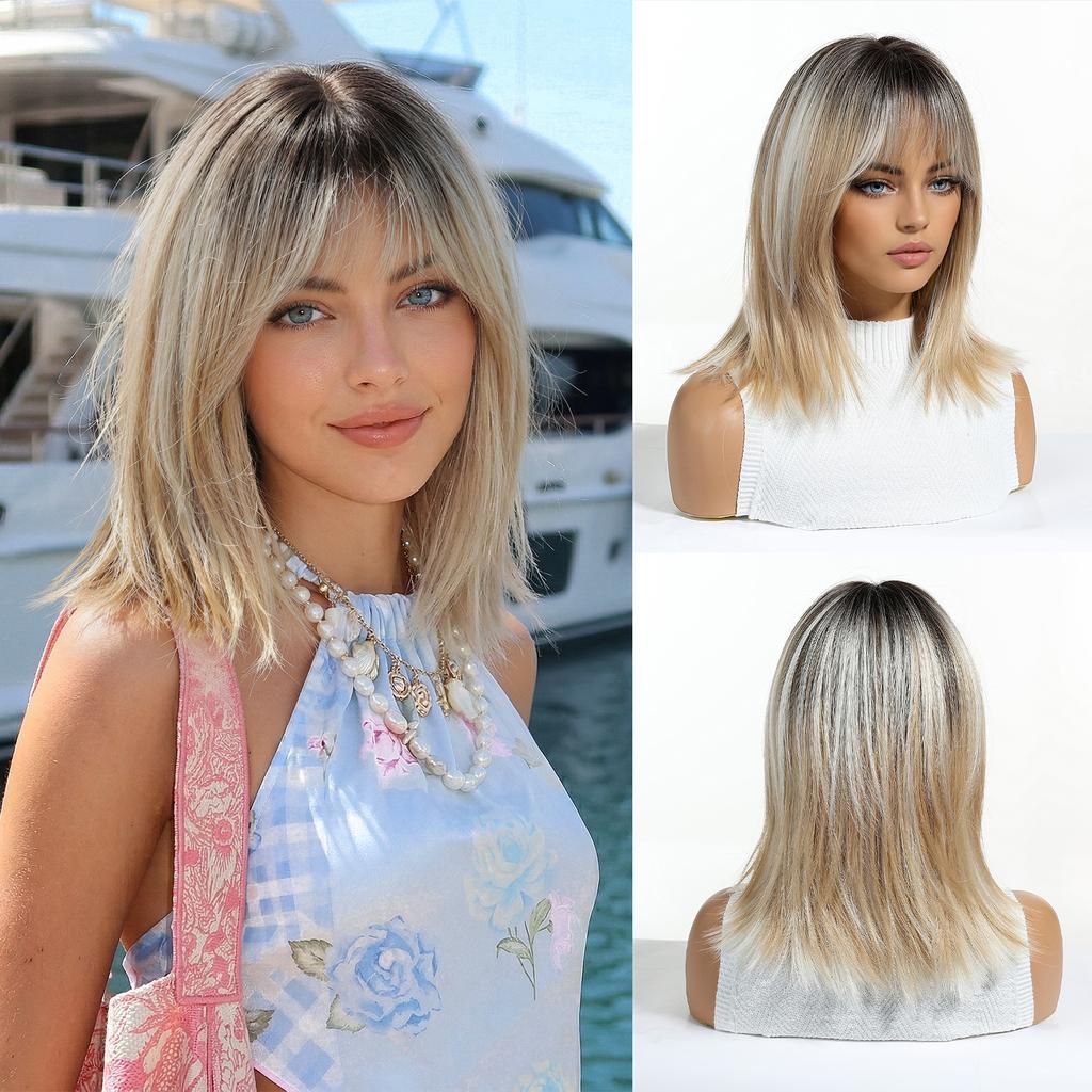 LOUIS FERRE Brown Base Blonde Highlights Medium Straight Layered Wig With Bangs Synthetic Hair Heat Resistant Women Daily Party