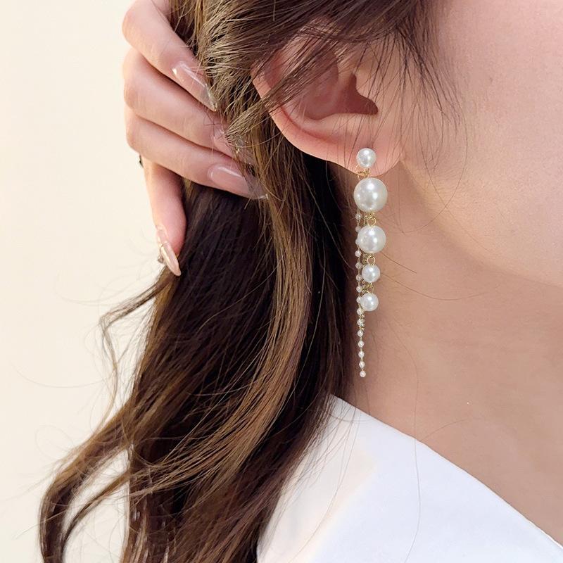 Korean light luxury temperament diamond-encrusted pearl long fringed earrings, earrings, fashion trend personalized earrings