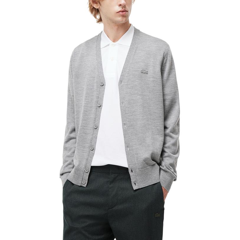 LACOSTE Sweaters Men's Gray V-neck Moderate Cardigan AH5665-YRD
