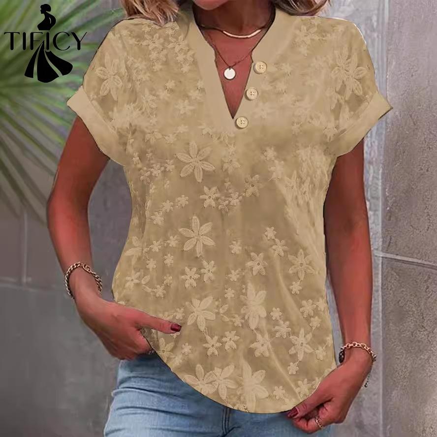 TIFICY Moda dame ocazional vară primăvară cu model flori imprimeu mâneci scurte cu decolteu în V bluze și cămăși
