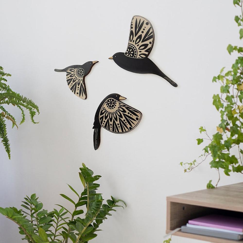 3pcs Wooden Black Bird Wall Decor Art Vintage Gothic Home Decor for Living Room Bathroom Kitchen Decorations Indoor Outdoor Gift