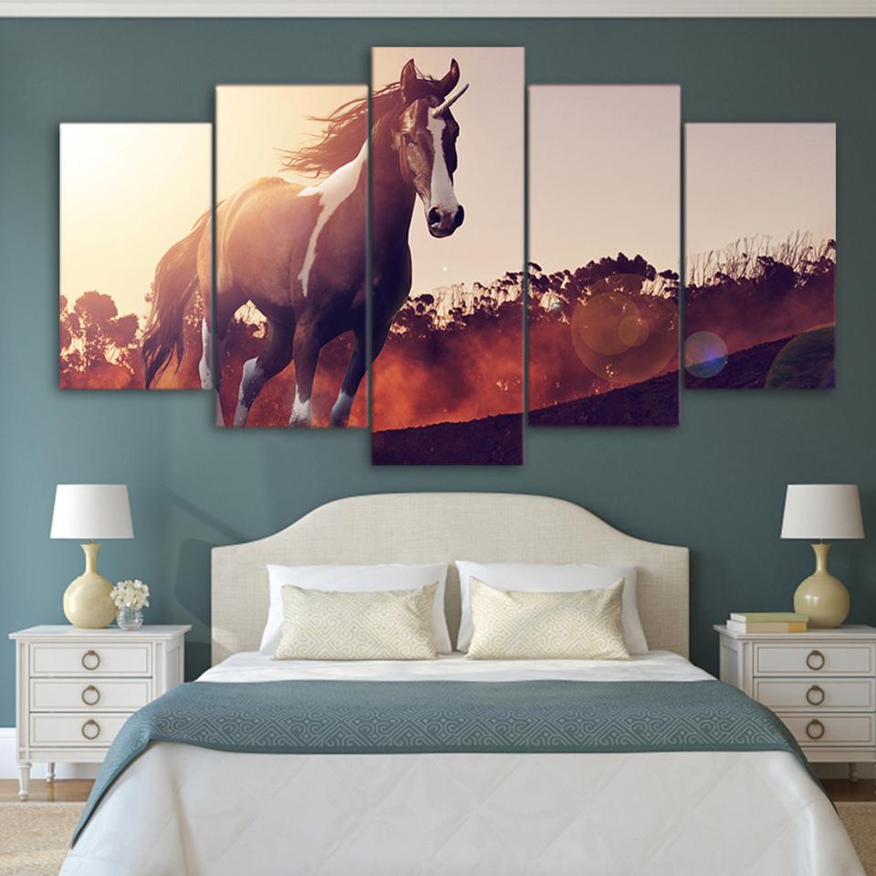 Stampa HD Tela Pittura 5 Pezzi Animale Cavallo Bastone Sul Muro Per Soggiorno Decorazione Della Casa Quadro Modulare Immagine