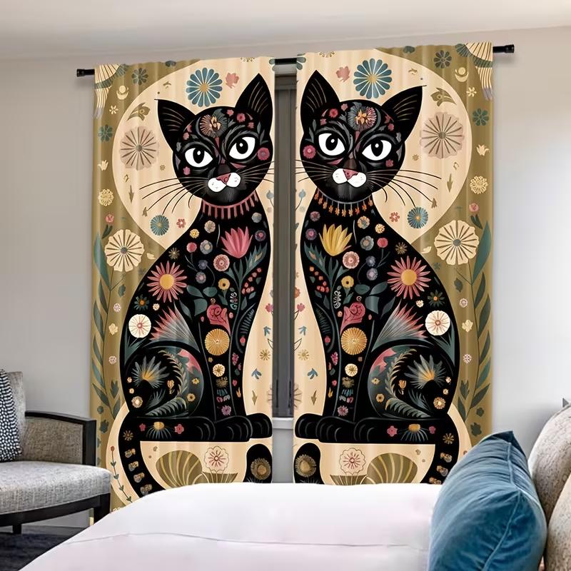 2pc Floral Painted Black Cat Curtains, Pastoral Art Style, Suitable for Bedrooms & Living Rooms, Rod Pocket Decorative Curtains