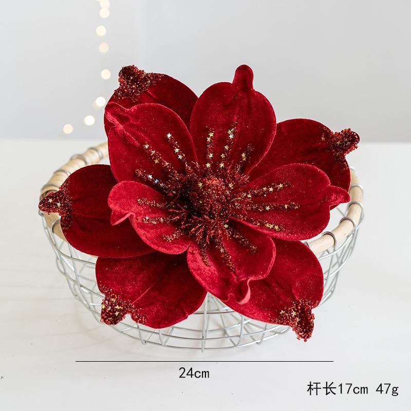 1PC 24cm Glitter Christmas Flowers Red Gold Artificial Flower Head Xmas Tree for Christmas Party Navidad 2025 New Year Ornament