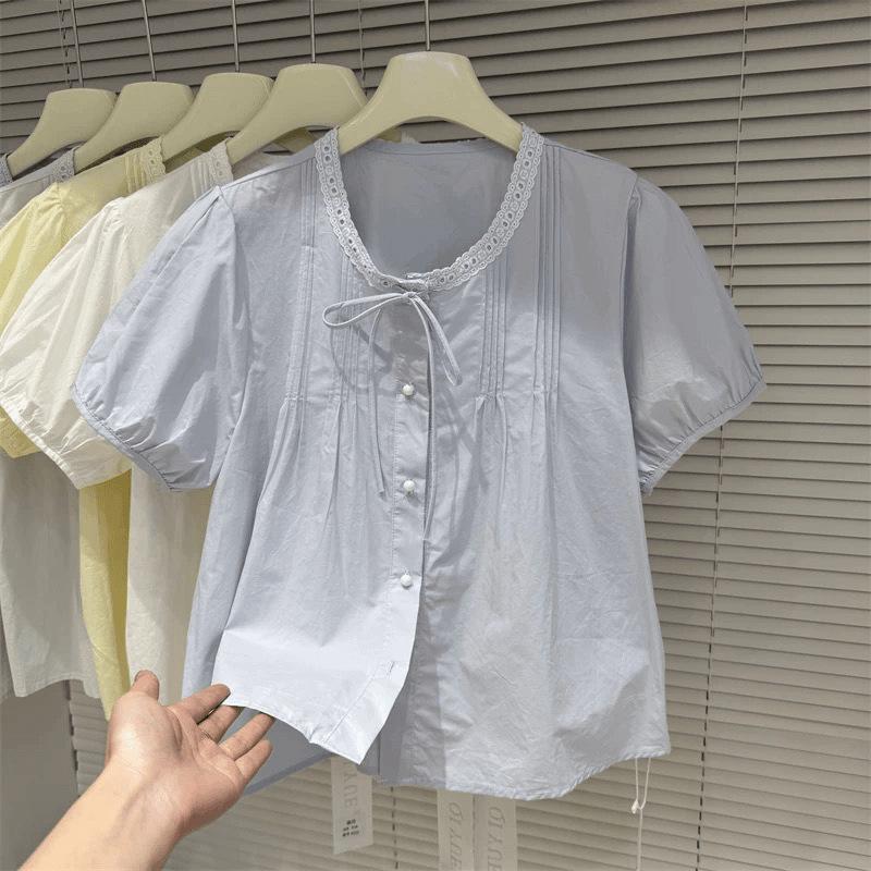 1116 Summer New Bubble Sleeve Shirt Women's Small Lace Splicing Bubble Sleeve Short Sleeve Top
