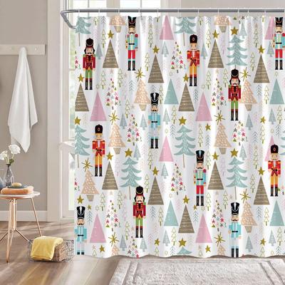 Funny Nutcracker Cartoon Christmas Shower Curtain with Colorful Tree Stars Pattern,  Holiday Bathroom Decor for Winter Festival