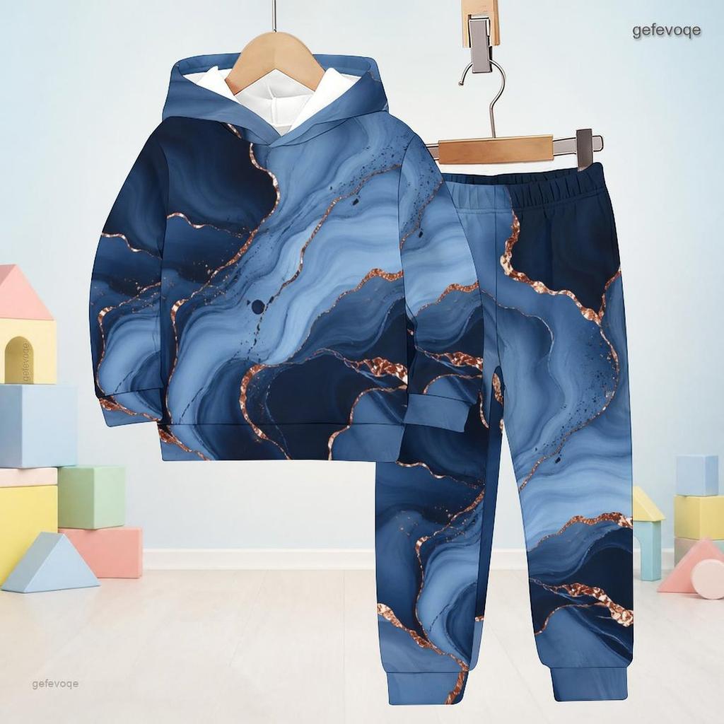 Boys Girls Hooded Long Sleeve Sweatshirt Marble Printed Blue Gold Cuffed Pants Two Piece Set