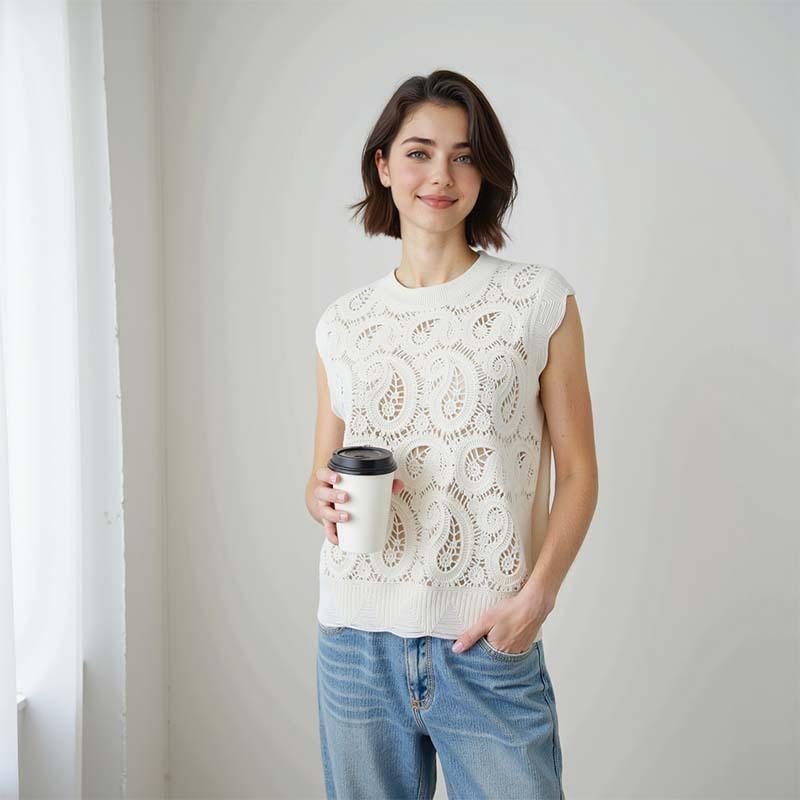 Crew neck hollow knitted vest women's top autumn new inner and outer tower wool sweater