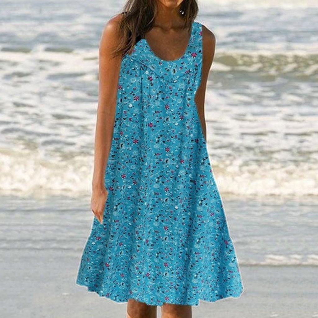 Women Casual Print Sleeveless Loose Plus Size Beach Summer Dress Ladies XXXXL синий