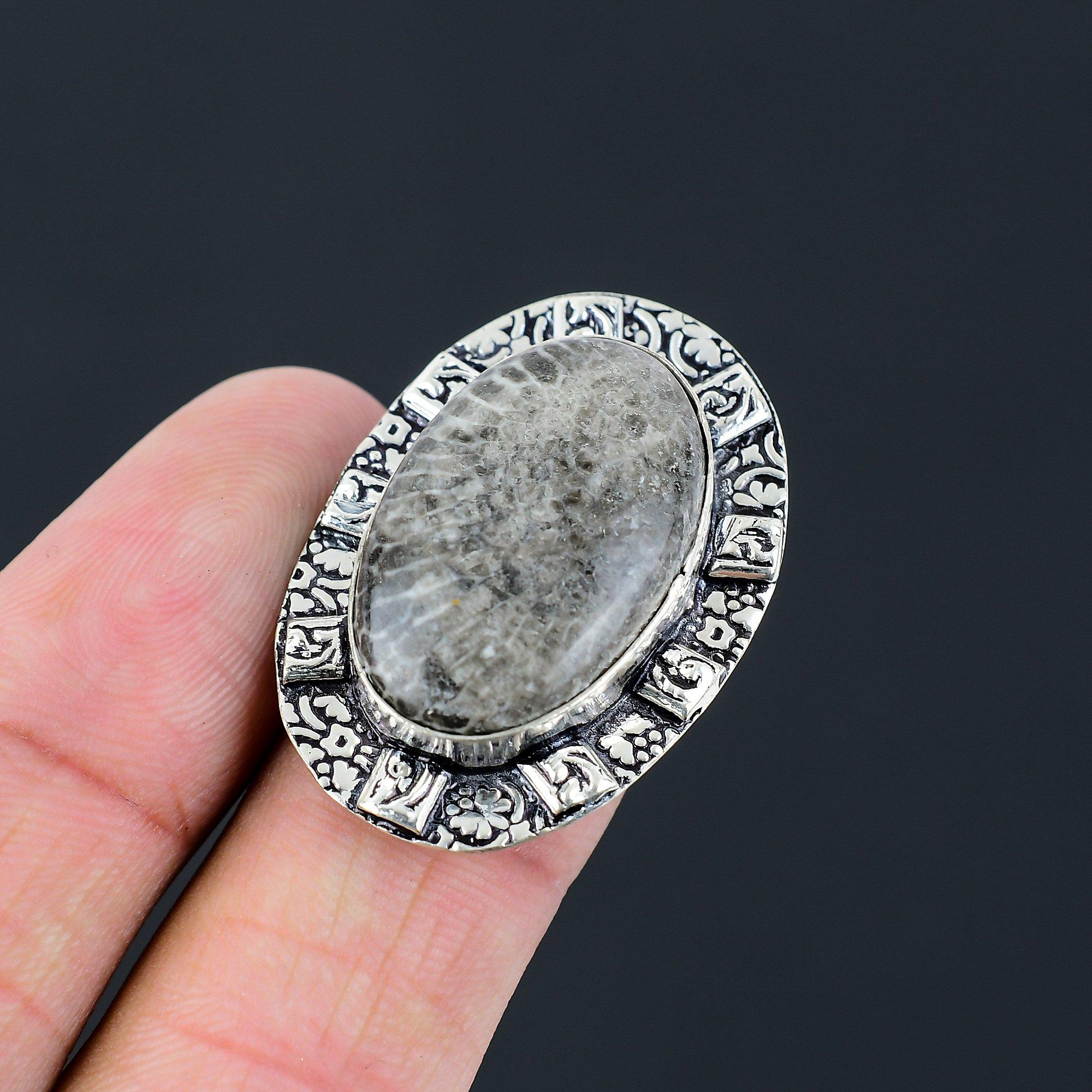 

925 Sterling Silver Stingray Coral Stone Boho Solitaire Engagement Ring Size 6.5 6.5