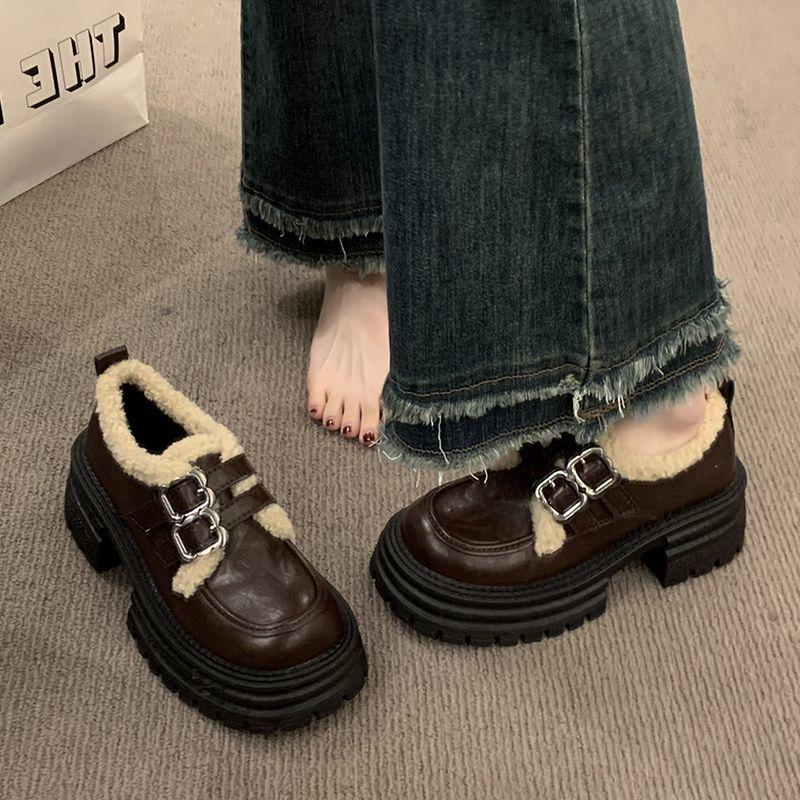 Damen Britischer Stil Fleecegefütterte Doppel-Schnallen Slipper - Dicksohlige, Vielseitige, Warme Lederschuhe