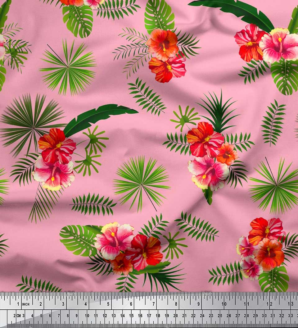 

Тканина Soimoi Japan Crepe Satin Fabric Floral & Leaves Tropical Print Тканина на метри 42 дюйма 42 Inch Wide - Poly Crepe помаранчевий