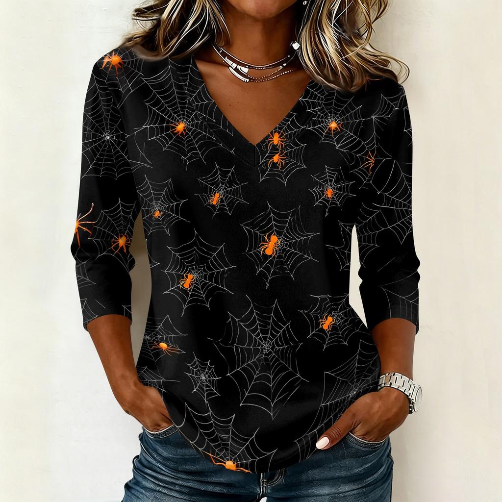 Women's Casual V Neck Halloween Print 3/4 Sleeve T Shirt Top Lightweight Soft Fabric Comfortable Fit Stylish Design for Everyday Wear