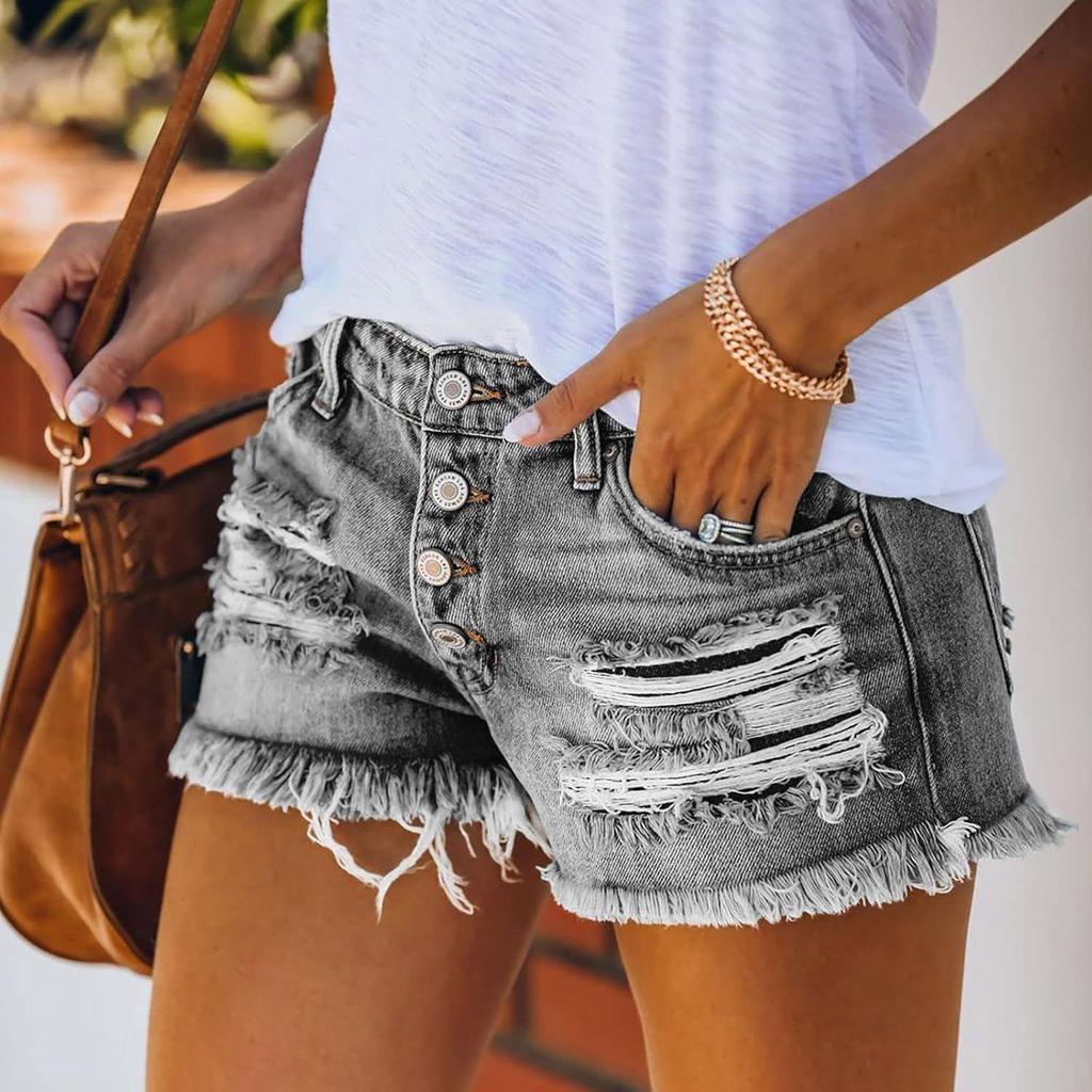 2026 Women's High-Waisted Fringed Ripped Denim Shorts - Versatile American Trend Fashion.