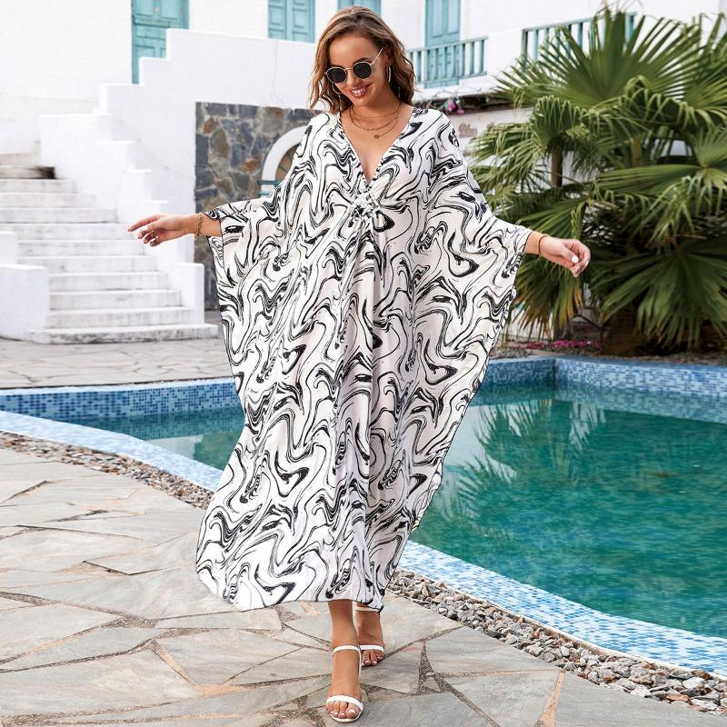 

Женская мода весна осень цветные блоки принт длинный рукав V-образный вырез свободная талия повседневные платья Size: One Size