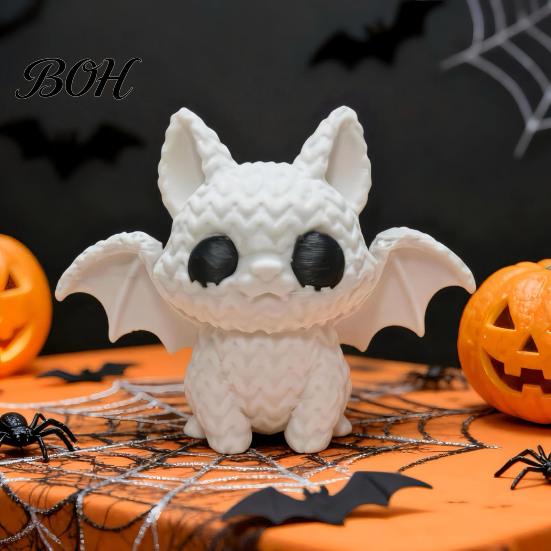 Bat Cat Ornament Festive Halloween Ornament, Knitted Texture Design Figure, Childlike Style Decor Mini Size Sculpture for Party Desk Shelf White