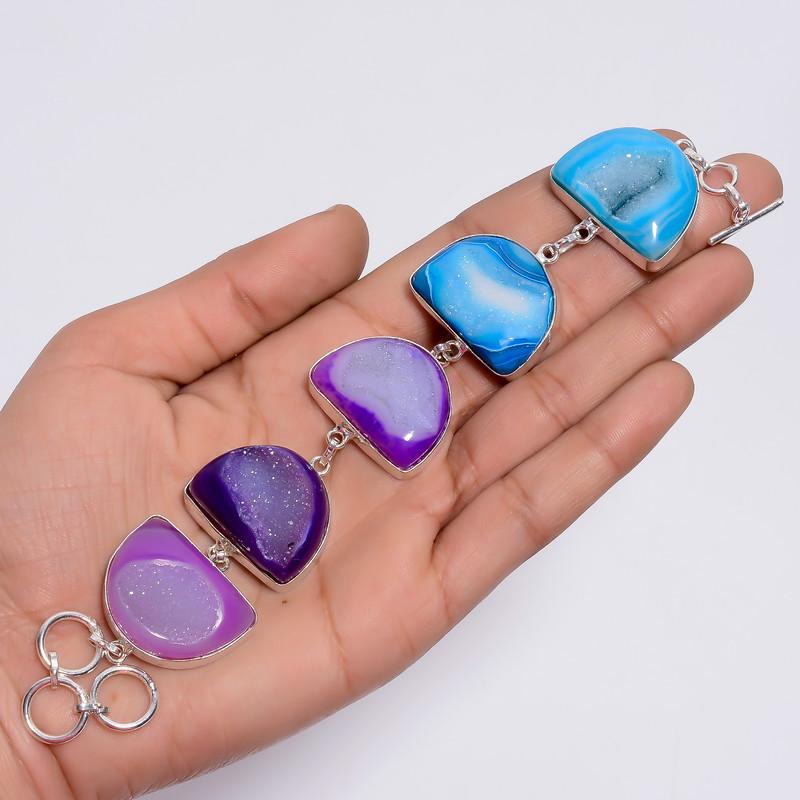 Beautiful Top Grade Qualite 100% Natural Botswana Agate Druzy D Shape Ethnic Style Handmade Jewelry 925 Steling Silver Bracelet 7-8" WSJ4684