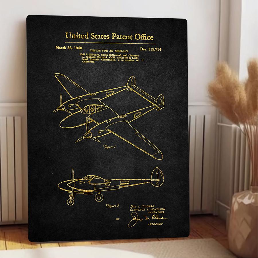 Vintage Aircraft Patent Drawing Metal Wall Art 1940 US Military Aviation Decor for Living Room Study Room
