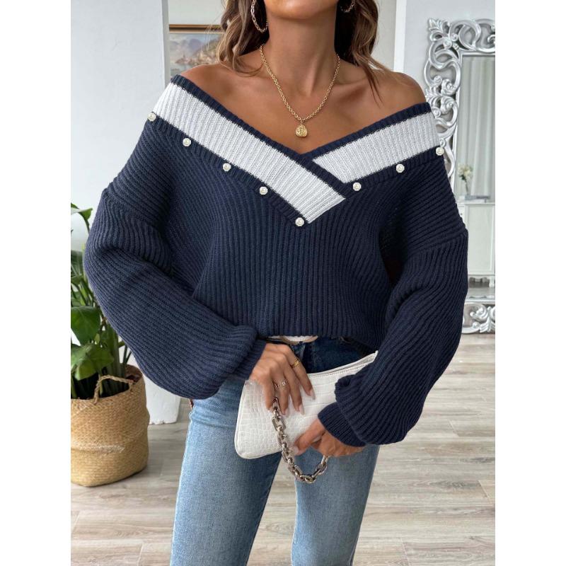 Women S Loose Fit V Neck Beaded Long Sleeve Pullover Sweater