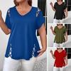 Women Summer T-shirt V-Neck Short Sleeve Solid Color Loose Fit Casual Tops with Hollow Cross-Band Design
