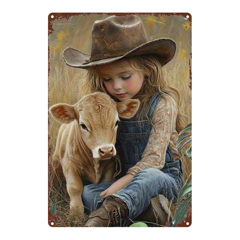 D Flat D FlatD Flat pc Metal Sign Cowboy And Calf Art Suitable Vintage Wall Decor In Homes Bars Garages Clubs Res