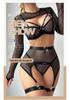 Black Mesh Halter Fishing Net Lingerie Set With Long Sleeves and Metal Ring Accents