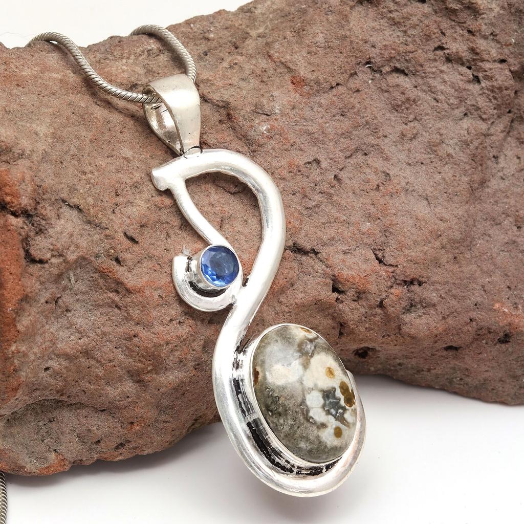 Ocean Jasper Tanzite Gemstone Mother's Day Silver Jewelry Pendant 2.75"