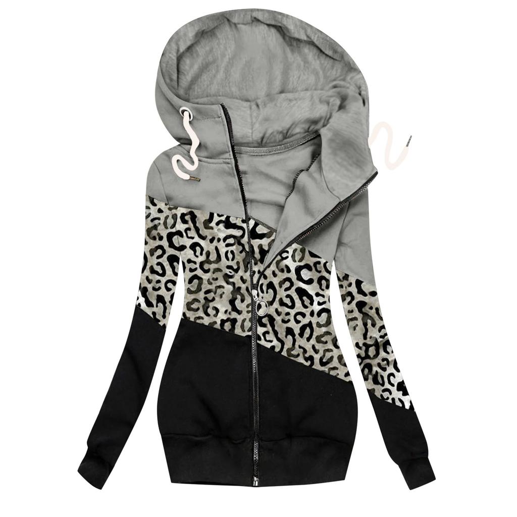 Women Winter Casual Leopard Prints Jacket Zipper Sweatshirt Long Sleeve Coat