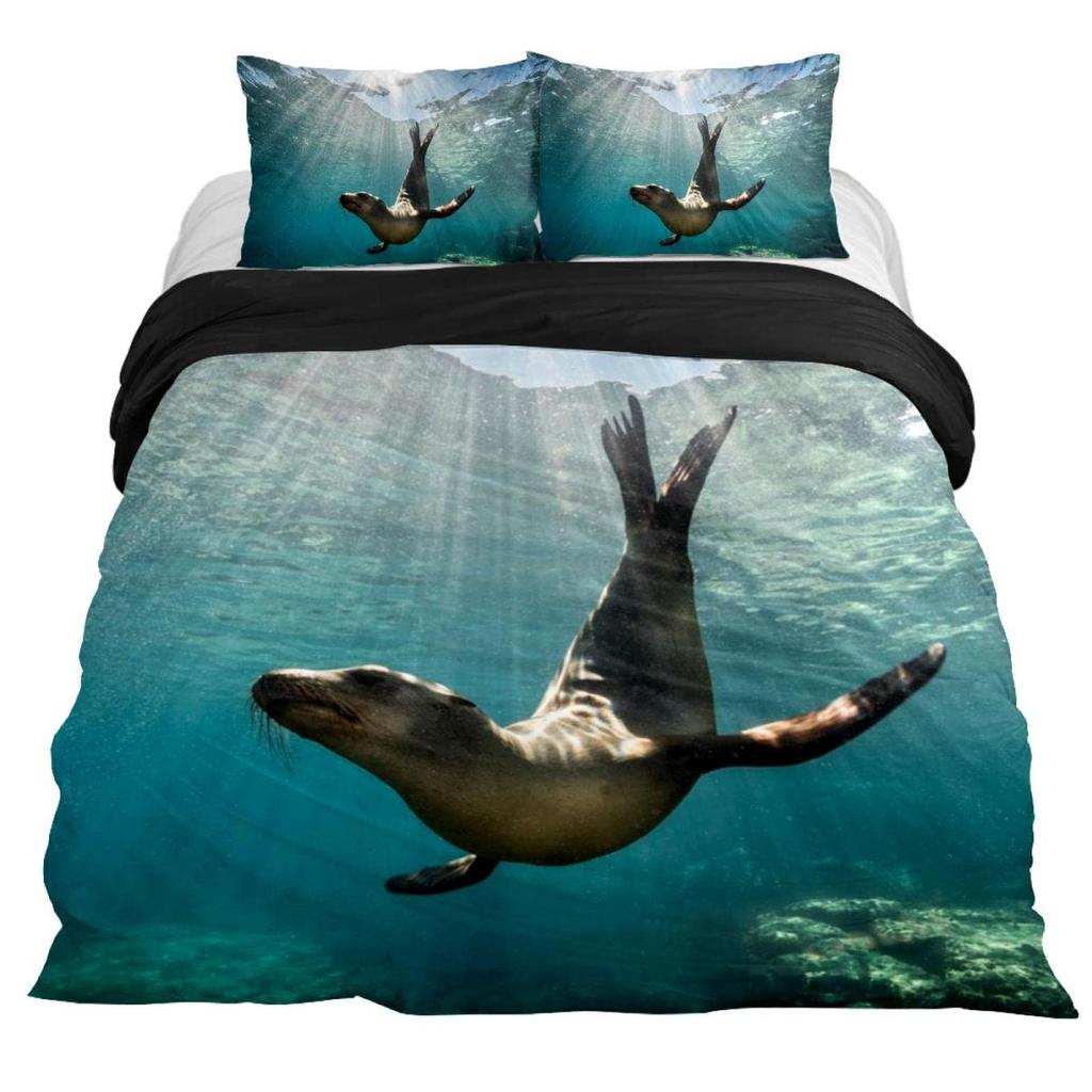 3D Sea Lion Duvet Cover King/Queen Size,Cute Cartoon Sea Lion Sleeping Print Bedding Set for Kids Boys,ocean Animals Quilt Cover