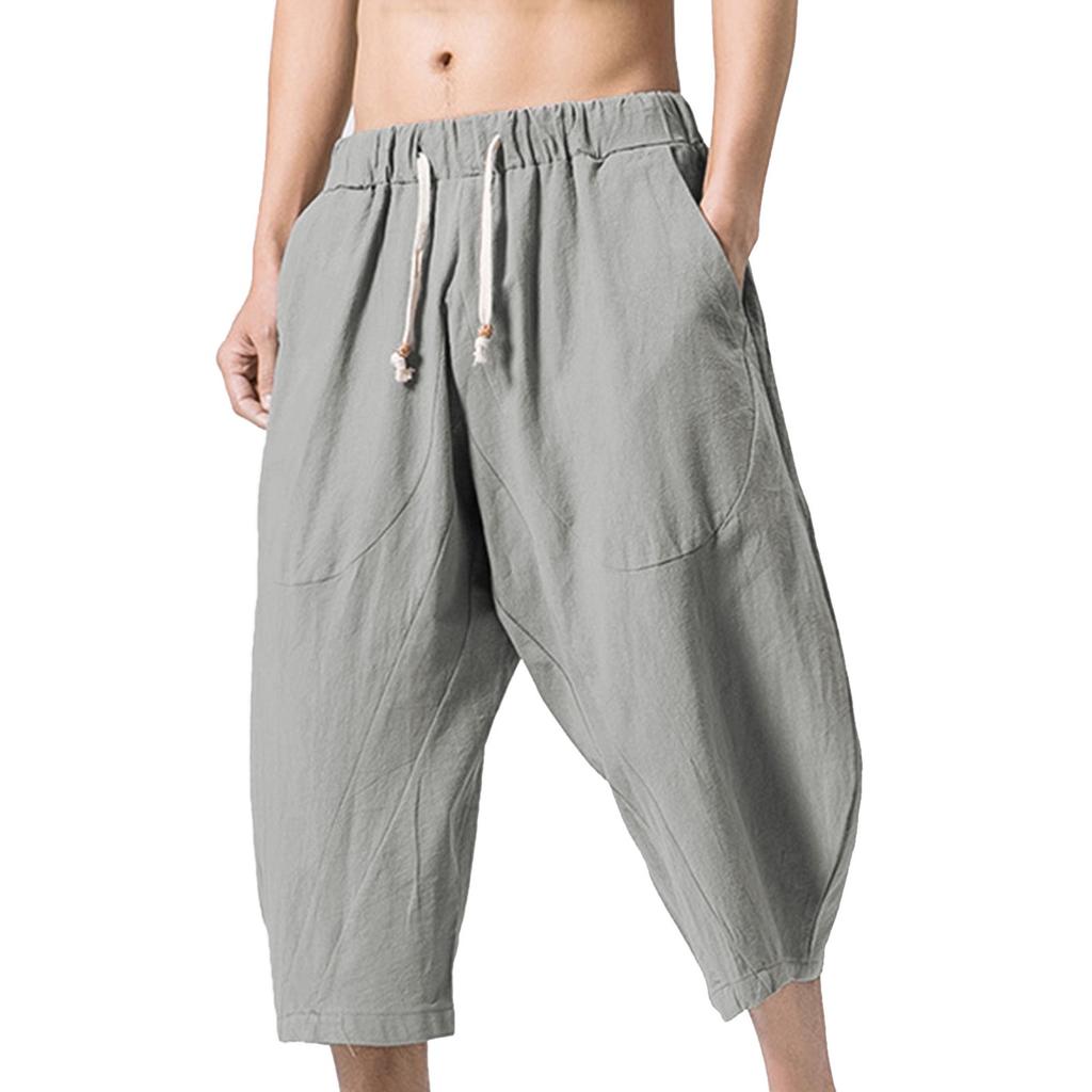 Men's Lazy Loose Cotton Hemp Harlan Pants Elastic Waist Drawstring Casual Pants