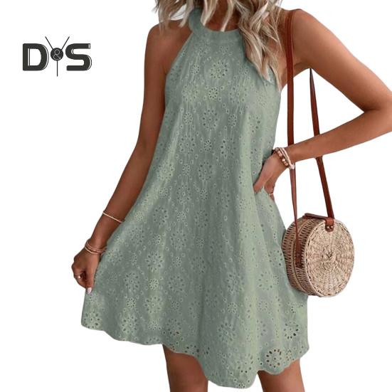 Letnia sukienka powyżej kolan Jednolity kolor Stylowa damska letnia sukienka wiązana na szyi na co dzień z pustymi kwiatami