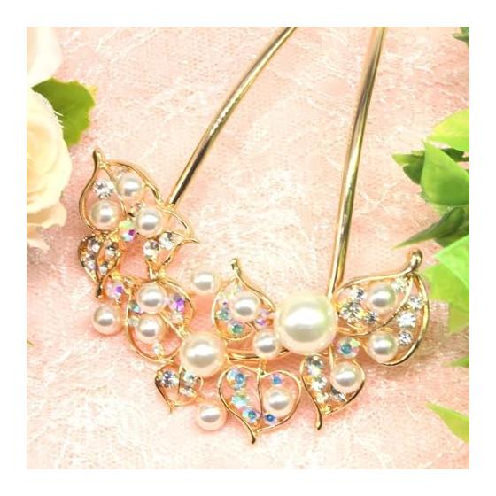 Miaomyao U-Shaped Hairpin, Japanese Style Hair Accessory, Yukata Kimono Hair Comb, Elegant Pink Gold Flower Motif with Zirconia and Faux Pearl, Alloy