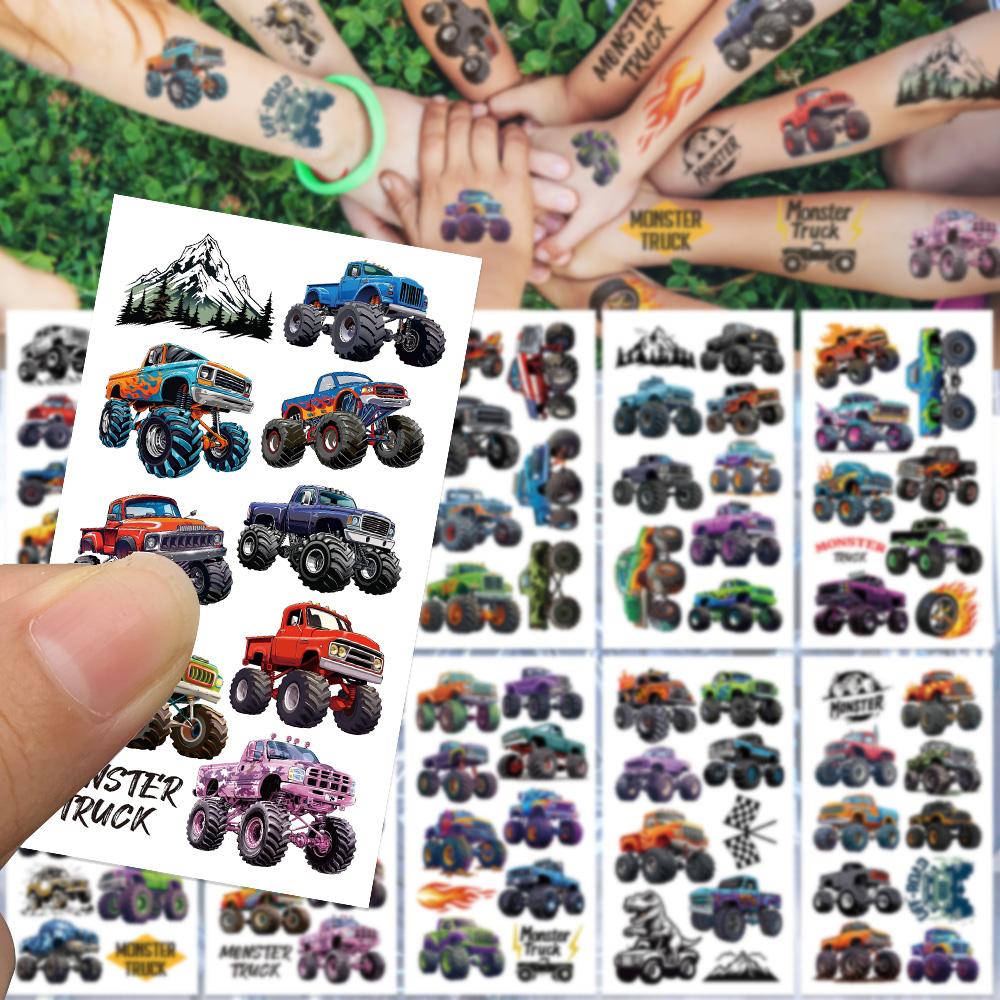10 Vel Kleurrijke Monster Trucks Tattoo Stickers Voor Gezicht Arm Lichaam Decoratieve Waterdichte Tattoo Stickers Jongens Creatieve Cadeaus