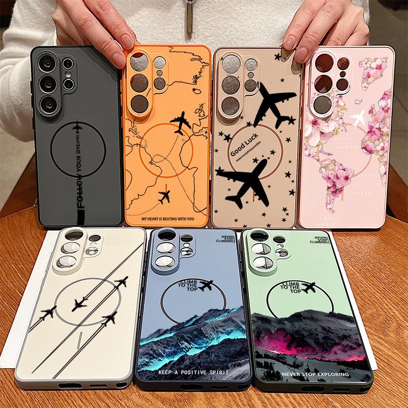 Magnetic Airplane Route Pattern Phone Case For Samsung Galaxy S26 S25 Ultra Edge S24 S23 FE A57 A17 A56 A37 A16 A55 A36 5G Cover