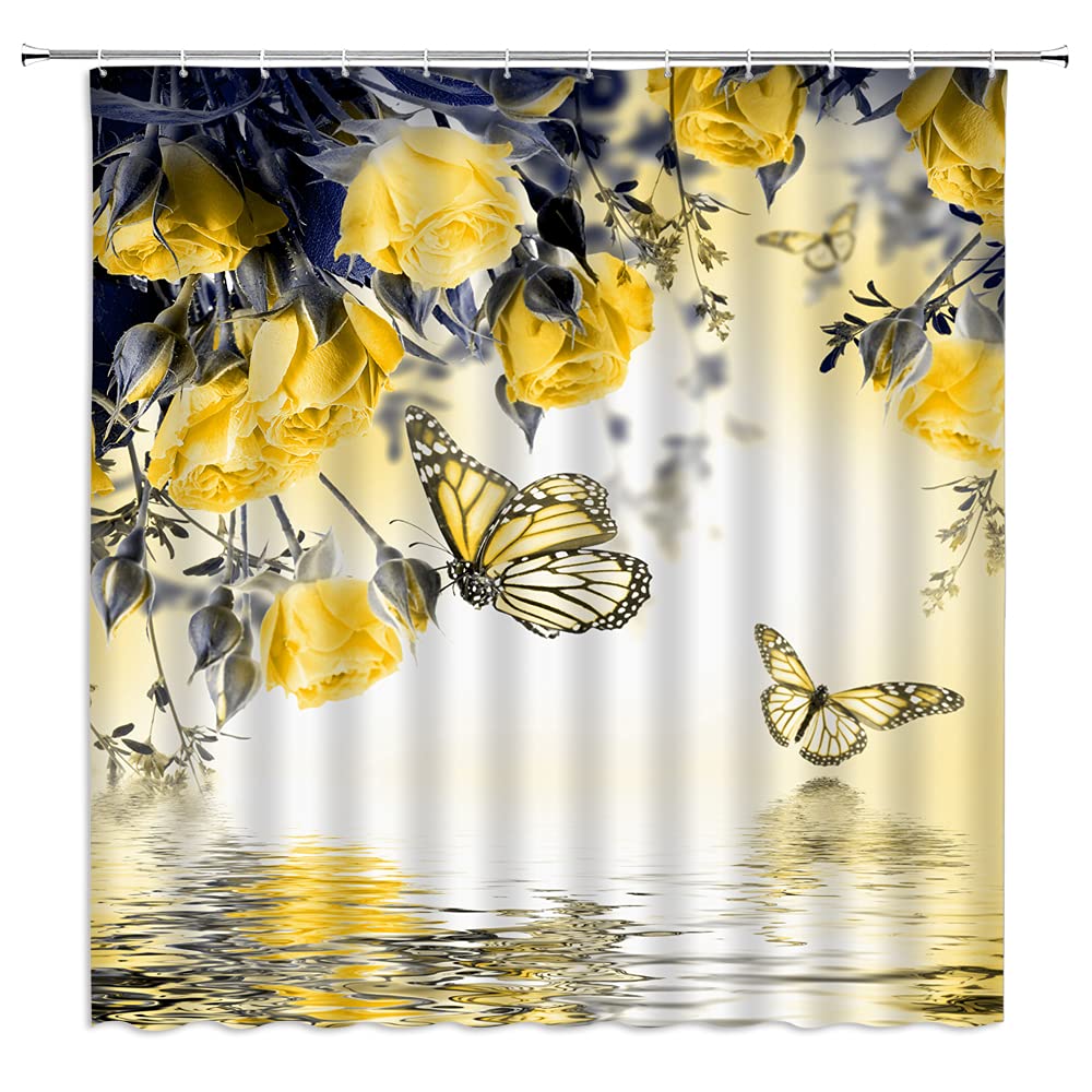 Floral Shower Curtains for Bathroom, Spring Flower Butterfly Bathroom Decor with Hooks, Washable Polyester Fabric Shower Curtain