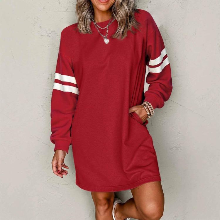 Hoodie Dress Women Casual Fashion Long Sleeve Striped Round Neck with Pocket Sports Wear
