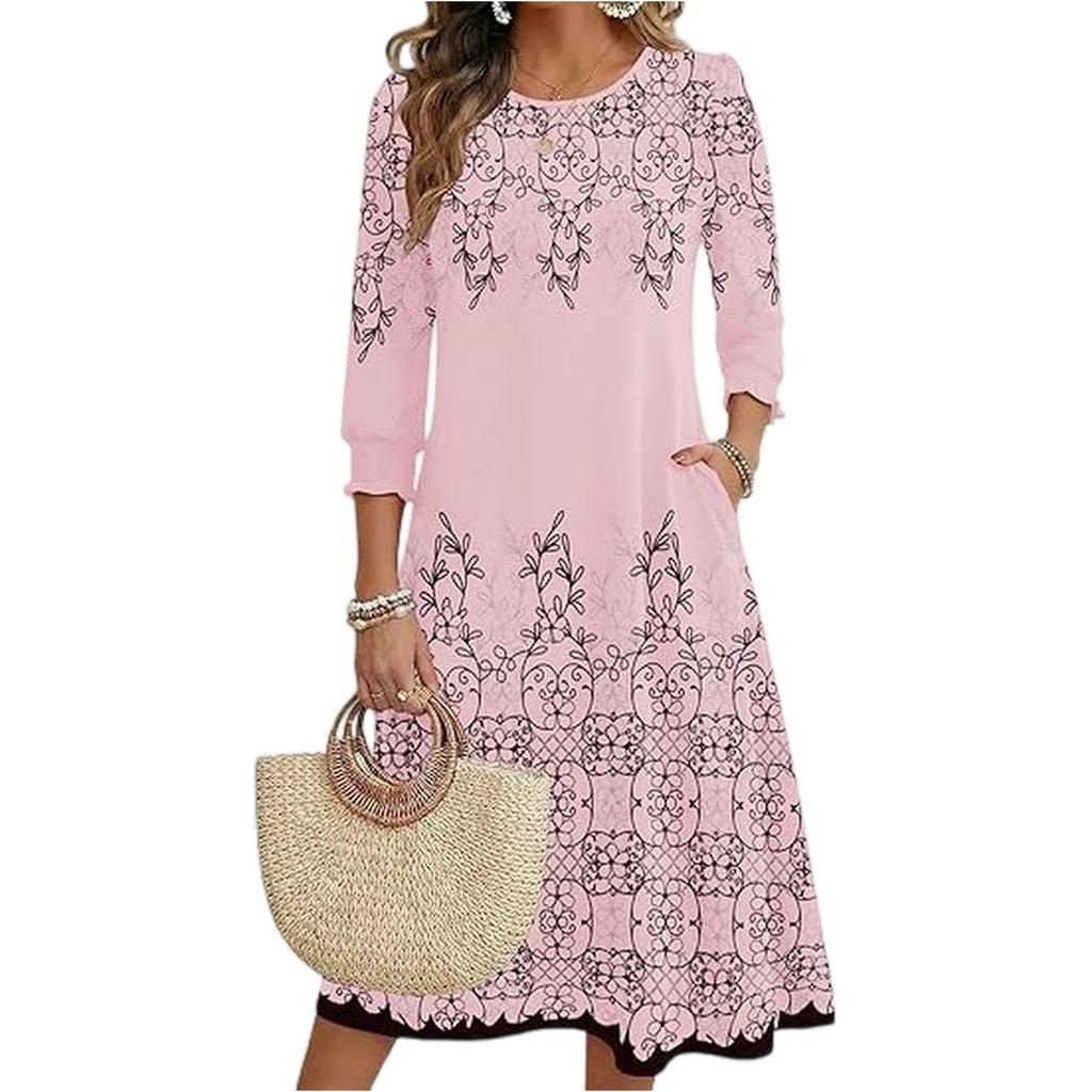 Women's Fashion Pocket Half Sleeve Floral Mid,length Casual Dress