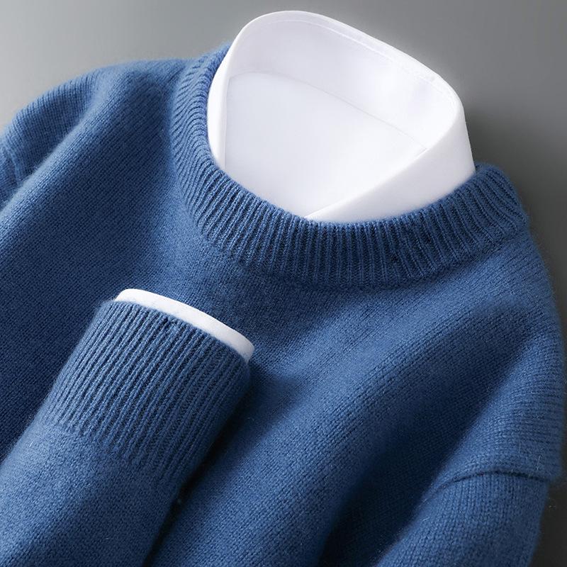 Herren Pullover aus reiner Wolle, schwer, Rundhalsausschnitt, lockere Passform, warm, einfarbig, ideale Basisschicht für Herbst/Winter.
