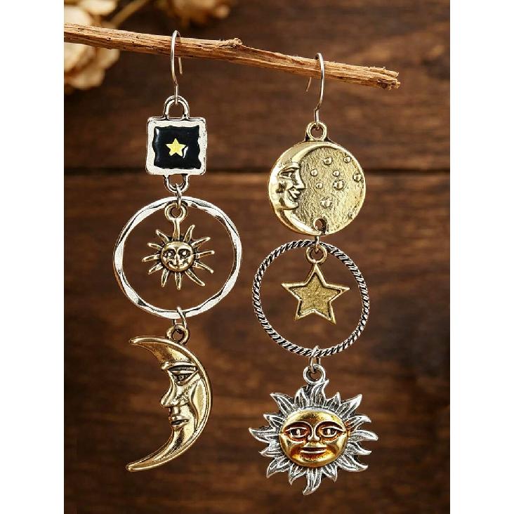 1 Pair Vintage Creative Moon And Sun Long Pendant Earrings, Fashion Ear Jewelry