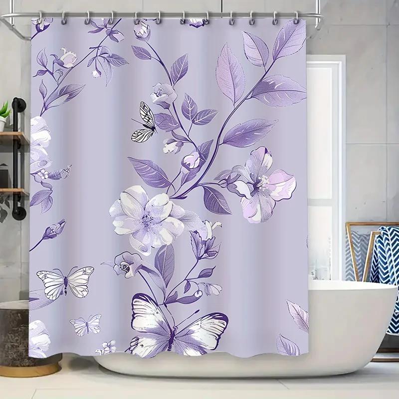 

Vintage Purple Floral Shower Curtain Waterproof Durable Home Decor For Bathroom Beautiful Butterfly Print Perfect Gift Idea W60H190(CM)-1 Pcs