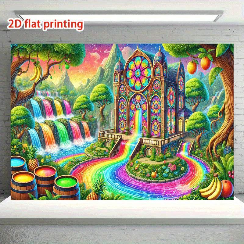 2D plane dreamy colorful waterfall party banner featuring lush greenery waterfall and rainbow sky polyester fiber
