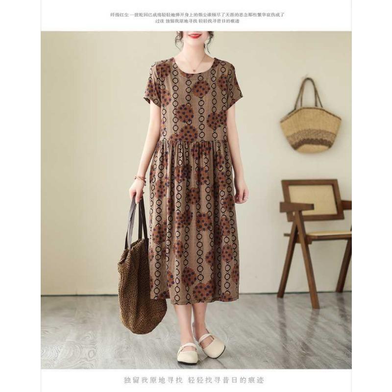 2025 Summer New Retro Literary Loose Round Neck Short Sleeve Midi Dresses