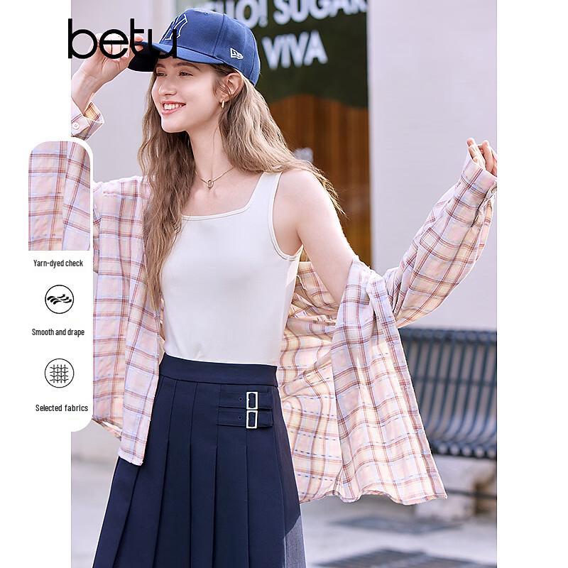 Betu Women s Pink Plaid Loose Cardigan Shirt M