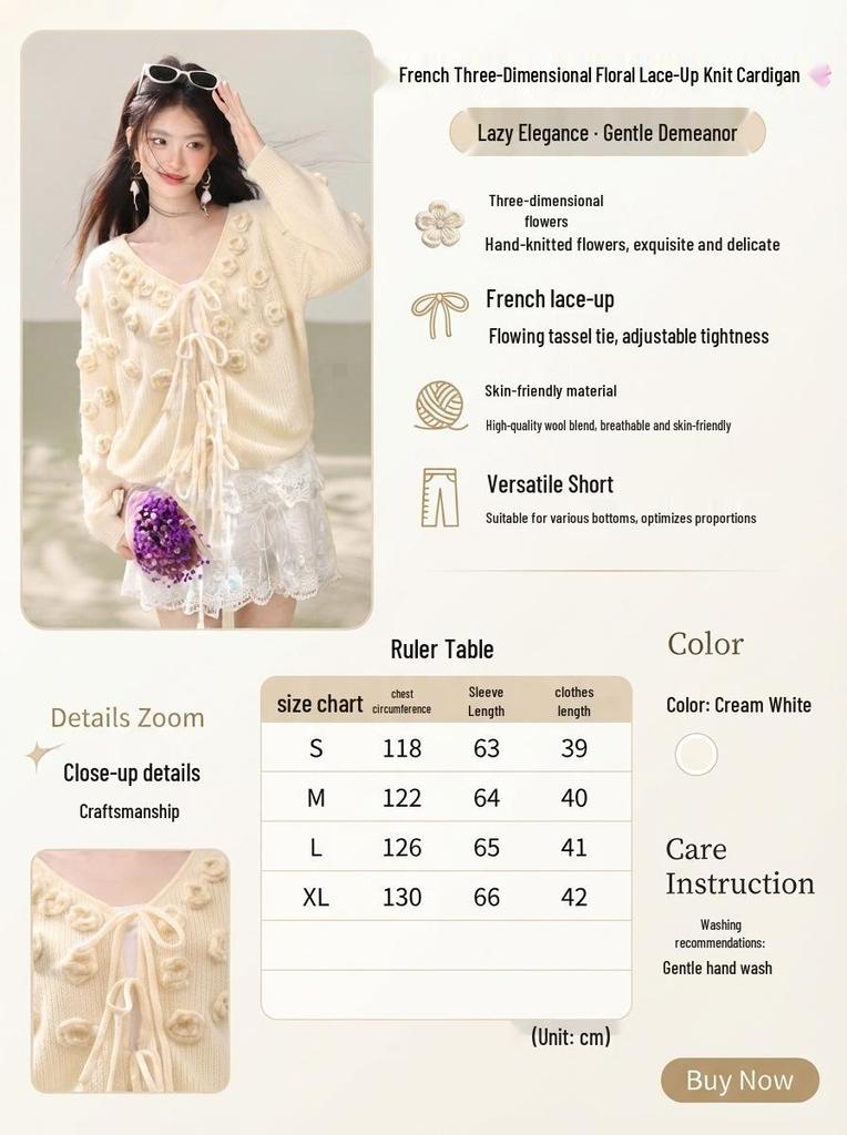 Women's Sweet French Floral 3D V-Neck Lace-Up Knit Cardigan Sweater