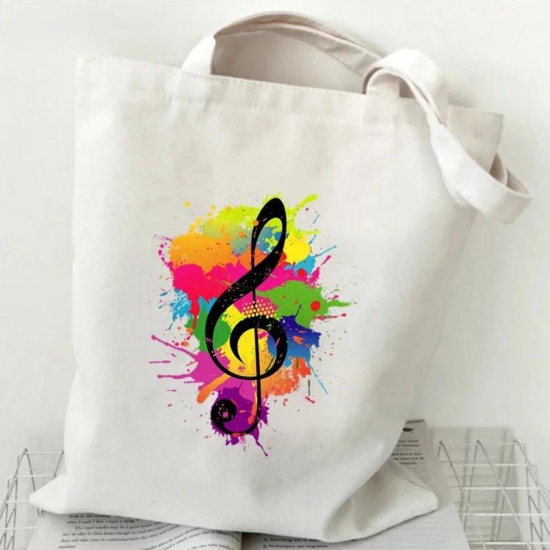Music Heartbeat Printed Canvas Bag Shoulder Bag Folding Bag Handheld Shopping Bag Large Capacity Durable Eco Friendly Bag