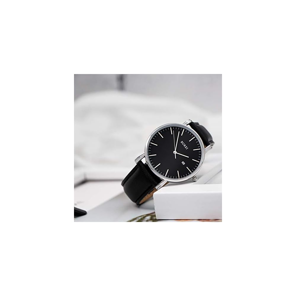 BUREI Men's Analog Watch Black Leather Waterproof Simple Design Silver Shell Timepiece