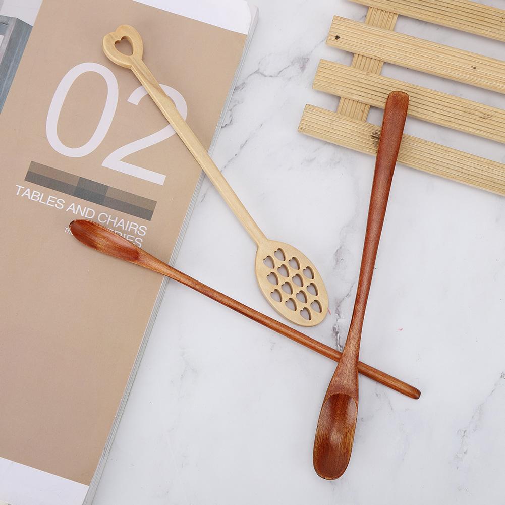 3Pcs Home Long Handle Wood Stirring Spoon Mixing Slotted Spoon for Coffee Milk Honey Use