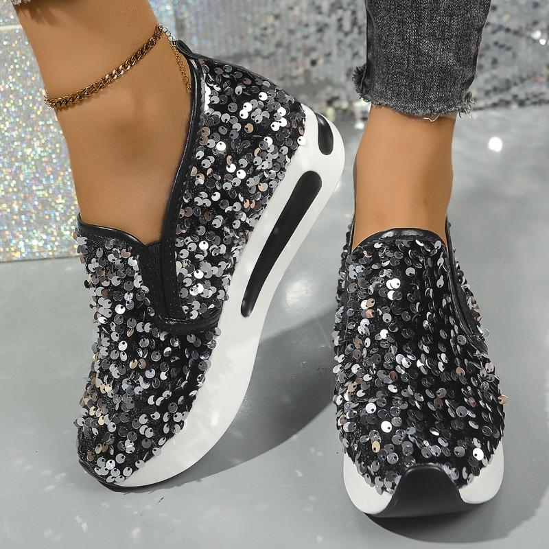 

Fashion Women s Casual Sports Shoes Autumn New Round Head Deep Mouth Sequin Cloth Thick Soles Non-slip Low-top Shoes 42
