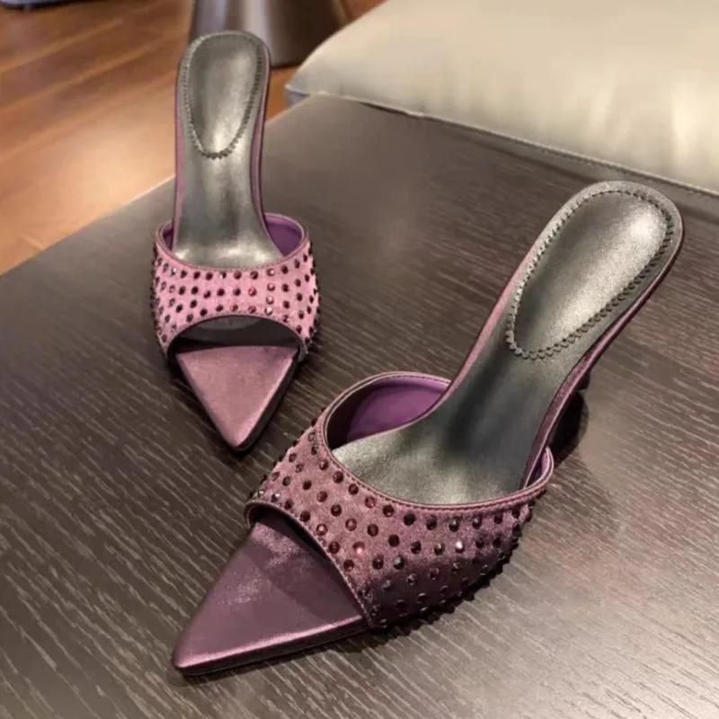 Fashion Pointed Toe High Heels Slippers Women Heeled Sandals Crystal Shoes Sexy 2025 Fashion Summer Open Toe Dress Pumps Party Slides